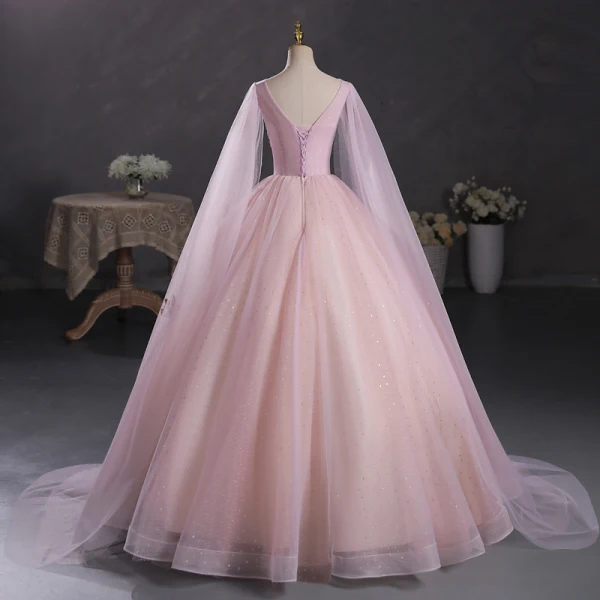 Elegant Blushing Pink Sequins Lace Flower Prom Dresses 2023 Ball Gown V-Neck Short Sleeve Backless Floor-Length / Long Prom Formal Dresses