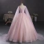 Elegant Blushing Pink Sequins Lace Flower Prom Dresses 2023 Ball Gown V-Neck Short Sleeve Backless Floor-Length / Long Prom Formal Dresses