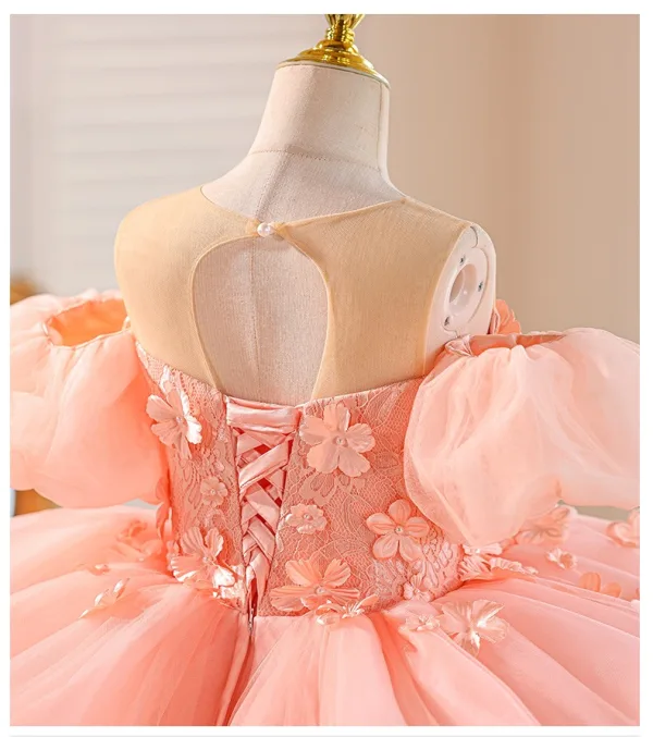 Chic / Belle Rougissant Rose Volants en Cascade Perle Appliques Anniversaire Robe Ceremonie Fille 2025 Robe Boule Encolure Dégagée Manches Courtes Dos Nu Tribunal Train Tulle