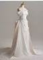 Elegant Ivory Bow Satin Prom Dresses 2025 A-Line / Princess Off-The-Shoulder Short Sleeve Backless Floor-Length / Long Formal Dresses