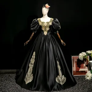 Vintage Retro Black Satin Lace Flower Prom Dresses 2025 Ball Gown Square Neckline Puffy Short Sleeve Backless Floor Length Long Prom Formal Dresses