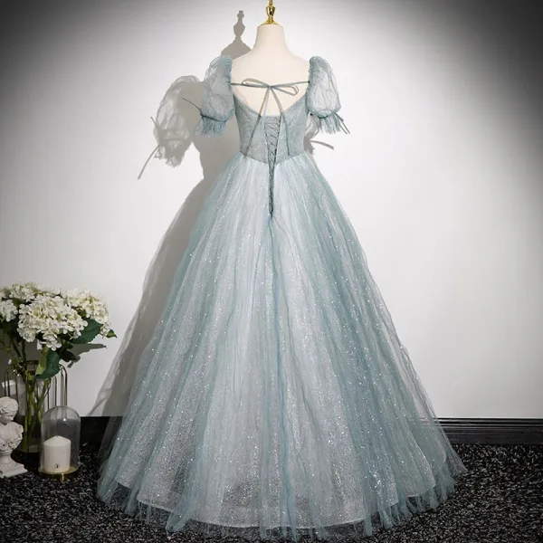 Chic / Beautiful Sky Blue Beading Appliques Prom Dresses 2025 Ball Gown Square Neckline Short Sleeve Backless Floor-Length / Long Formal Dresses