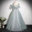 Chic / Beautiful Sky Blue Beading Appliques Prom Dresses 2025 Ball Gown Square Neckline Short Sleeve Backless Floor-Length / Long Formal Dresses