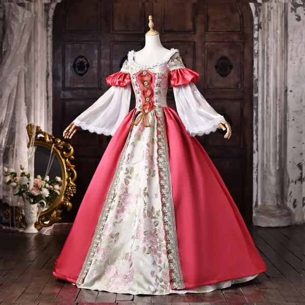 Vintage / Originale Médiévale Fushia En Dentelle Fleur Robe De Bal 2026 Robe Boule U-Cou Manches de cloche Dos Nu Longue Robe De Ceremonie