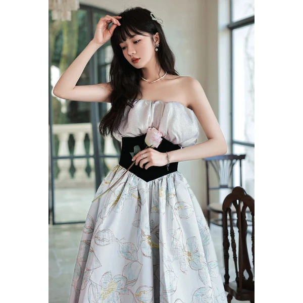 Charming Grey Floral Evening Dresses 2022 A-Line / Princess Off-The-Shoulder Sleeveless Backless Floor-Length / Long Evening Party Formal Dresses