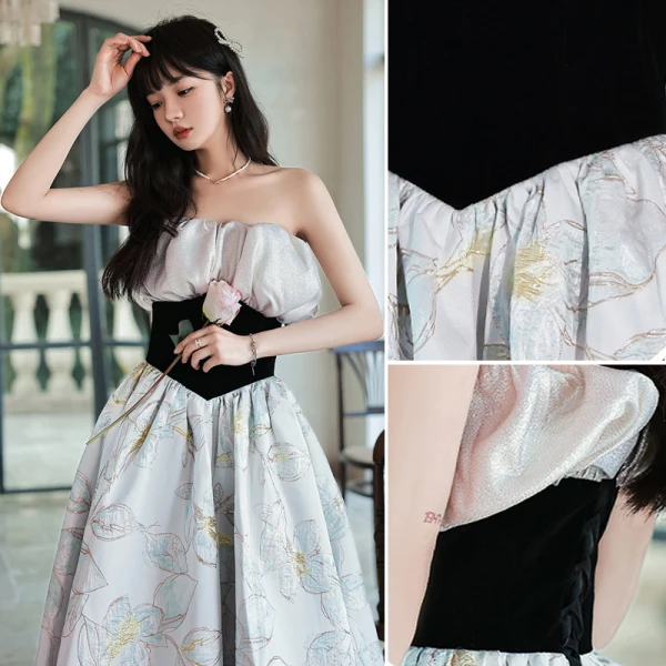 Charming Grey Floral Evening Dresses 2022 A-Line / Princess Off-The-Shoulder Sleeveless Backless Floor-Length / Long Evening Party Formal Dresses