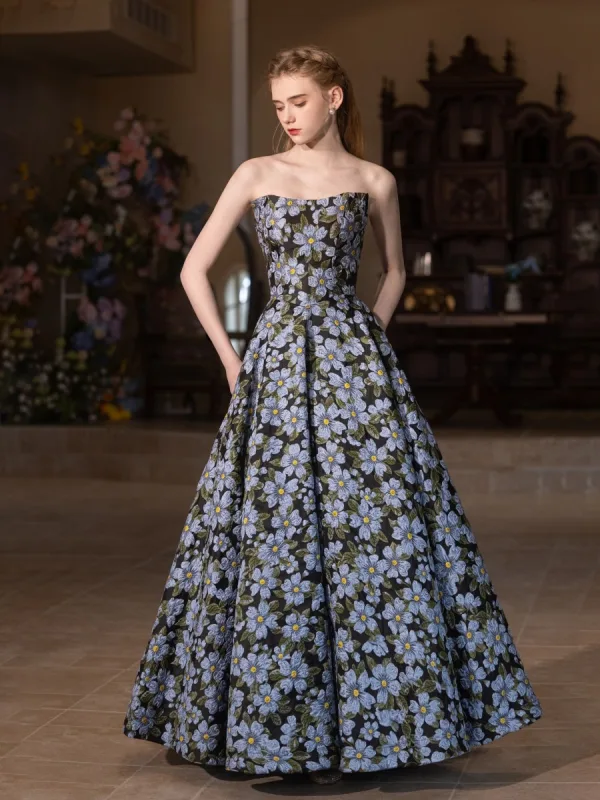 Vintage / Retro Multi-Colors Floral Prom Dresses 2025 A-Line / Princess Strapless Sleeveless Backless Floor-Length / Long Satin Formal Dresses