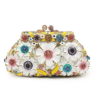 Chic Beautiful Multi Colors Rhinestone Flower Yellow Outdoor Garden Metal Clutch Bags 2022