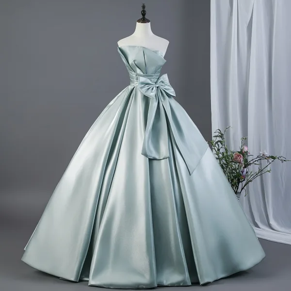 Elegant Lime Grøn Sløjfe Satin Gallakjoler 2026 Balkjole Off-The-Shoulder Kort Ærme Halterneck