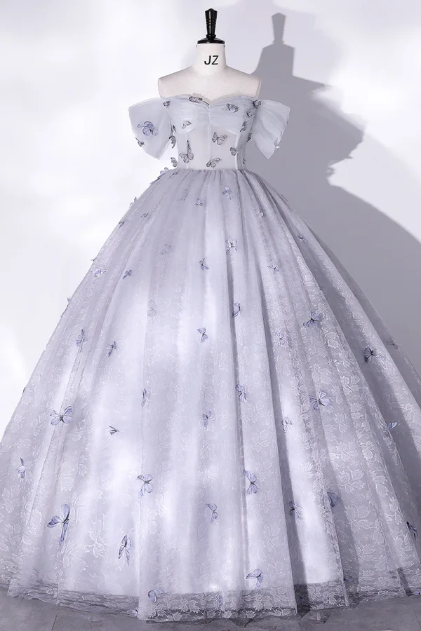 Chic / Beautiful Grey Butterfly Prom Dresses 2022 Ball Gown Off-The-Shoulder Short Sleeve Backless Floor-Length / Long Prom Formal Dresses