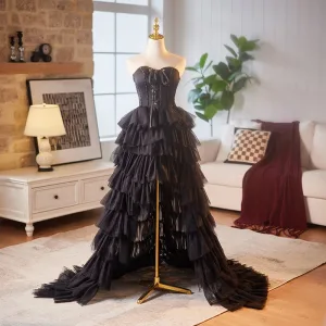 Sjarmerende Svart Gripende Ruffles Asymmetrisk Ballkjoler Cocktailkjoler 2024 Prinsesse Strapless Uten Ermer Ryggløse Fest