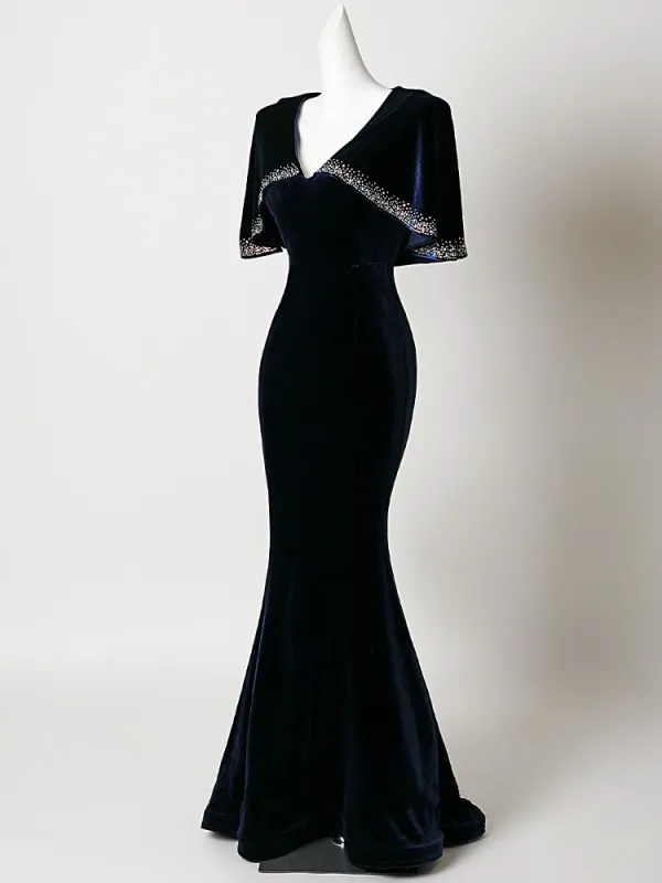 Vintage / Retro Navy Blue Sequins Velvet Prom Dresses Trumpet / Mermaid 2026 V-Neck Short Sleeve Floor-Length / Long Formal Dresses