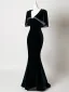 Vintage / Retro Navy Blue Sequins Velvet Prom Dresses Trumpet / Mermaid 2026 V-Neck Short Sleeve Floor-Length / Long Formal Dresses