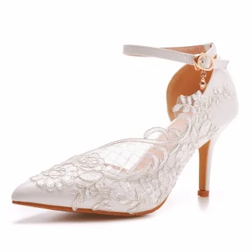 Elegante Witte Kant Bloem Bruidsschoenen 2023 Huwelijk Enkelband 8 Cm Naaldhakken Stiletto Spitse Neus Bruidsschoenen Hoge Hakken