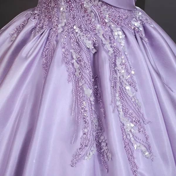 Elegant Lavender Beading Sequins Prom Dresses 2026 Ball Gown Off-The-Shoulder Short Sleeve Backless Floor-Length / Long Formal Dresses