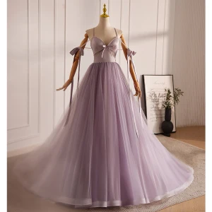 Charming Lavender Beading Pearl Bow Prom Dresses 2024 Ball Gown Spaghetti Straps Sleeveless Backless Sweep Train Prom Formal Dresses