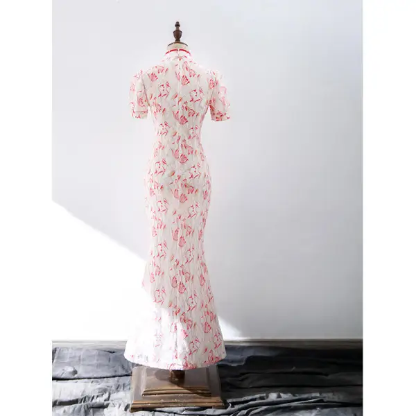 Style Chinois En Dentelle Rouge Robe De Soirée 2022 Trompette / Sirène Col Haut Perle Manches Courtes Longue Soirée Robe De Ceremonie