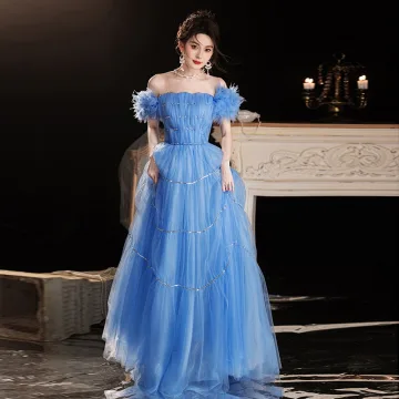 Glamour Océan Bleu Robe De Bal 2025 Robe Boule De L Épaule Volants Manches Courtes Dos Nu Longue Promo Robe De Ceremonie