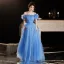 Glamorous Ocean Blue Prom Dresses 2025 Ball Gown Off-The-Shoulder Ruffle Short Sleeve Backless Floor-Length / Long Prom Formal Dresses