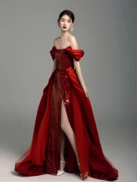 Sexy Borgoña Lentejuelas Delante De Split Vestidos de noche 2024 Trumpet / Mermaid Sin Tirantes Sin Mangas Sin Espalda Colas De Barrido Noche Vestidos Formales
