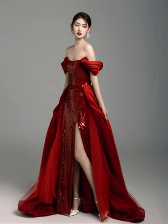 Sexy Burgundy Sequins Split Front Evening Dresses 2024 Trumpet Mermaid Strapless Sleeveless Backless Sweep Train Evening Party Formal Dresses