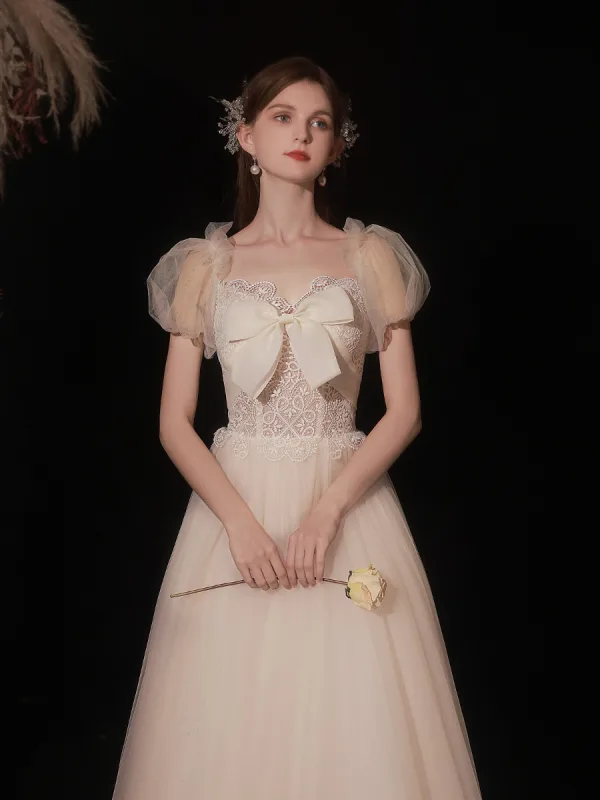 Lovely Ivory Lace Flower Prom Dresses 2022 A-Line / Princess Square Neckline Bow Puffy Short Sleeve Backless Floor-Length / Long Prom Formal Dresses