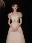 Lovely Ivory Lace Flower Prom Dresses 2022 A-Line / Princess Square Neckline Bow Puffy Short Sleeve Backless Floor-Length / Long Prom Formal Dresses