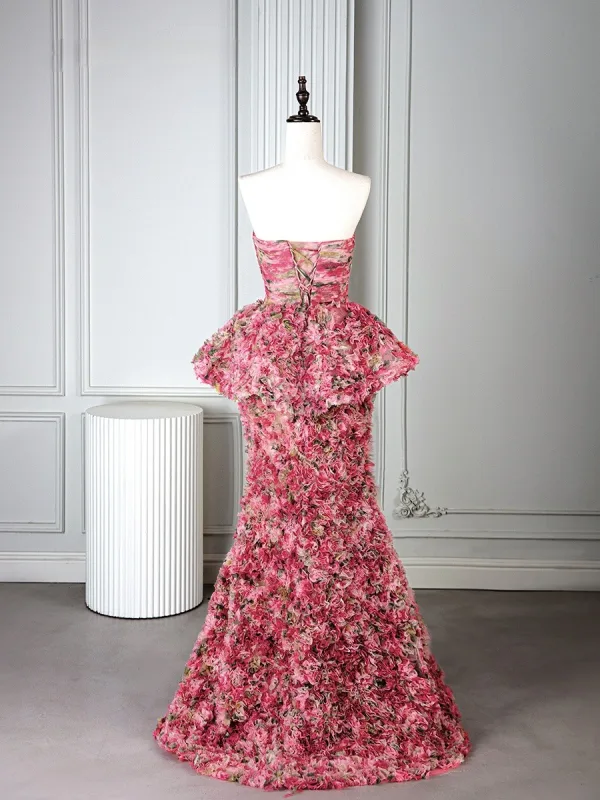 Fancy Blushing Pink Multi-Colors Floral Prom Dresses 2025 Trumpet / Mermaid Strapless Sleeveless Backless Floor-Length / Long Formal Dresses