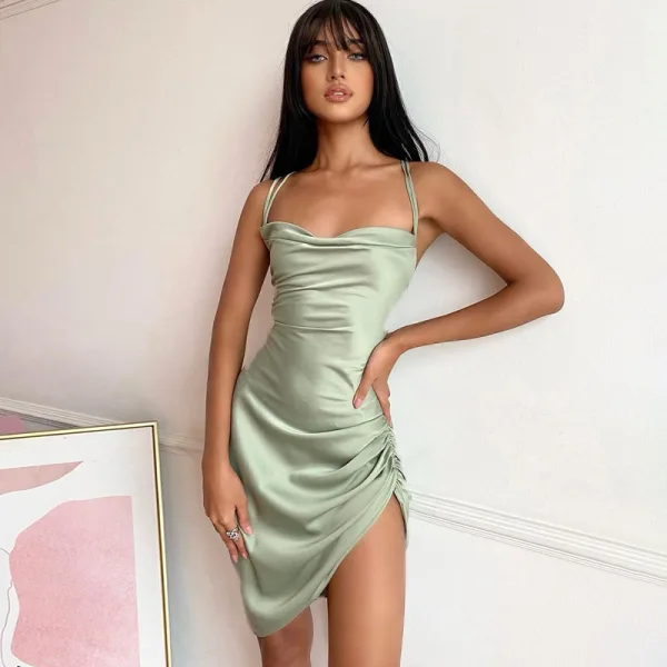 Sexy Solid Color Stretch Satin Regular Sage Green Women Cami Dresses 2021  Crossed Straps Spaghetti Straps Ruffle Sleeveless