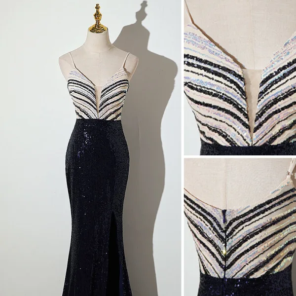 Sexy Argenté Bleu Marine Paillettes Robe De Soirée 2022 Trompette / Sirène Bretelles Spaghetti Sans Manches Dos Nu Fendue devant Longue Robe De Ceremonie