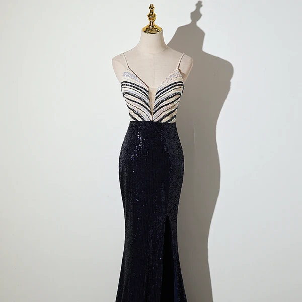 Sexy Argenté Bleu Marine Paillettes Robe De Soirée 2022 Trompette / Sirène Bretelles Spaghetti Sans Manches Dos Nu Fendue devant Longue Robe De Ceremonie