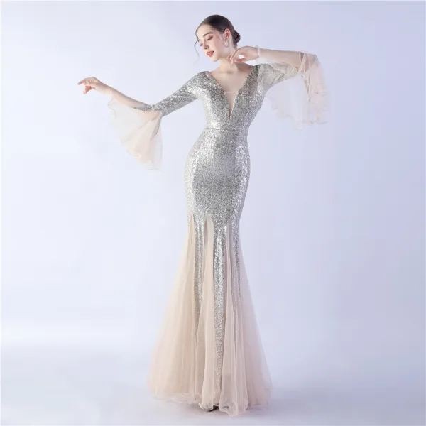 Sparkly Black Sequins Evening Dresses 2024 Trumpet / Mermaid V-Neck Bell sleeves Backless Floor-Length / Long Evening Party Formal Dresses