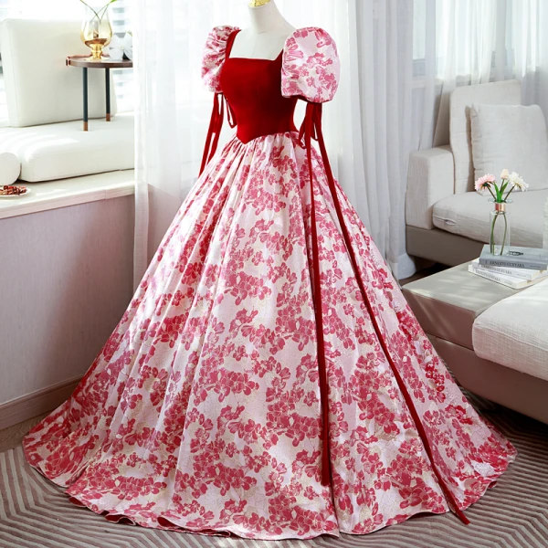 Elegant Red Printing Prom Dresses 2022 Square Neckline Puffy Short Sleeve Backless Floor-Length / Long Prom Formal Dresses