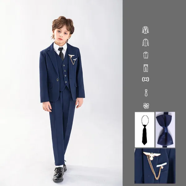 Navy Blue Long Sleeve 6-piece Wedding Boys Wedding Suits 2025 Body Jewellery Coat Pants Shirt Tie Vest