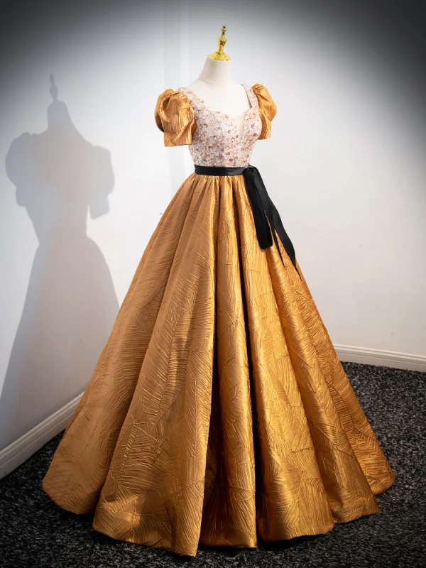 Elegant Yellow Beading Sequins Prom Dresses 2024 Ball Gown Square Neckline Puffy Short Sleeve Bow Sash Backless Floor-Length / Long Prom Formal Dresses