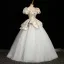 Charmant Bleu Ciel Impression Robe De Bal 2023 Robe Boule Encolure Carrée Gonflée Manches Courtes Noeud Ceinture Dos Nu Longue Promo Robe De Ceremonie