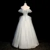 Charming Sage Green Beading Pearl Sequins Prom Dresses 2022 A-Line / Princess Off-The-Shoulder Short Sleeve Backless Floor-Length / Long Prom Formal Dresses