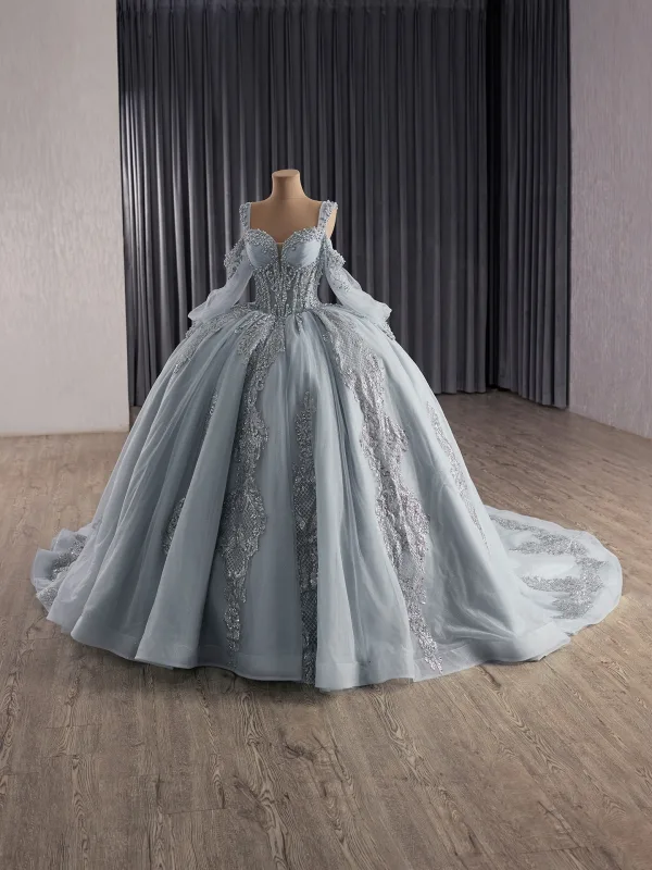 High-end Grey Beading Pearl Sequins Quinceañera Prom Dresses 2025 Ball Gown Square Neckline Short Sleeve Backless Court Train Formal Dresses