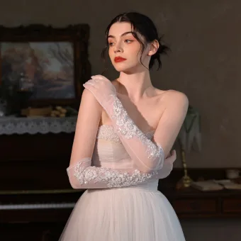 Vintage Retro White Beading Sequins Wedding Bridal Gloves 2025 Tulle