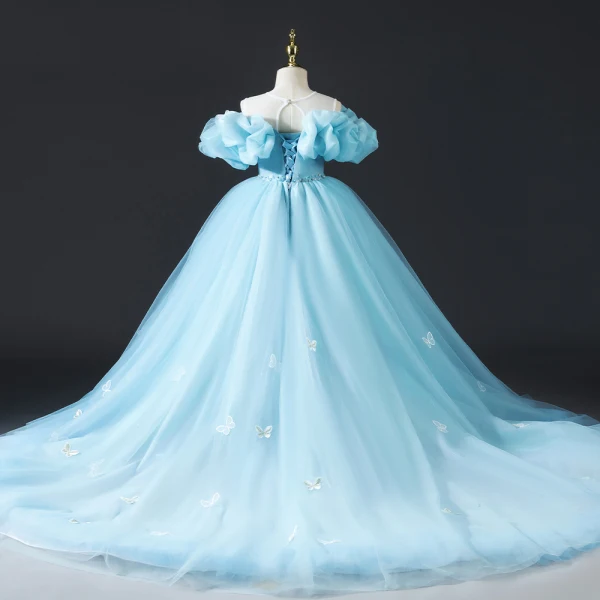 Cendrillon Bleu Perlage En Dentelle Papillon Anniversaire Robe Ceremonie Fille 2022 Robe Boule Encolure Dégagée Gonflée Manches Courtes Dos Nu Tribunal Train Robe Ceremonie Fille