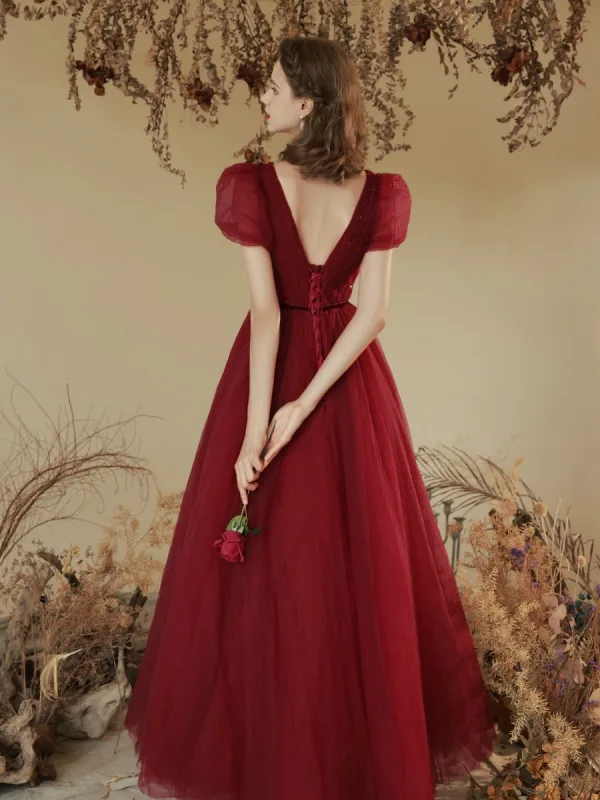 Modest / Simple Burgundy Beading Formal Dresses 2022 A-Line / Princess Square Neckline Puffy Short Sleeve Backless Floor-Length / Long Prom Prom Dresses