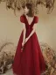 Modest / Simple Burgundy Beading Formal Dresses 2022 A-Line / Princess Square Neckline Puffy Short Sleeve Backless Floor-Length / Long Prom Prom Dresses