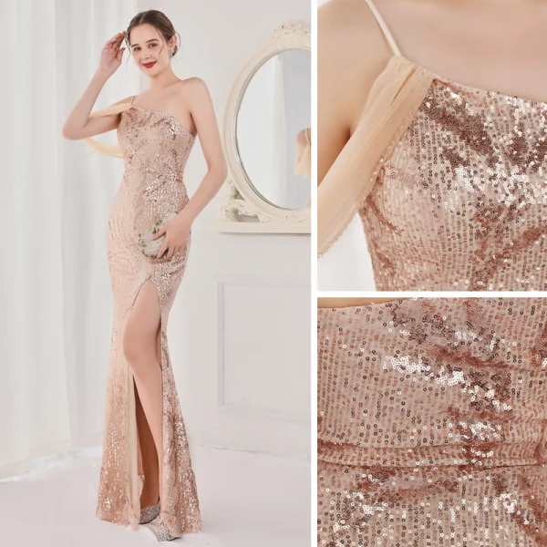 Sexy Blanche Paillettes Fendue devant Robe De Soirée 2022 Trompette / Sirène Une épaule Sans Manches Dos Nu Longue Soirée Robe De Ceremonie