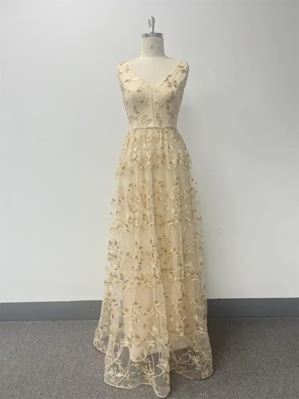 Chic / Beautiful Lace Flower Dusky Pink Prom Dresses 2024 A-Line / Princess V-Neck Sleeveless Backless Floor-Length / Long Prom Formal Dresses