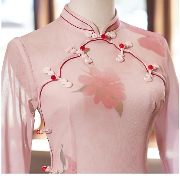 Chic / Beautiful Blushing Pink Tea-length Cheongsam 2024 Trumpet / Mermaid High Neck 1/2 Sleeves Prom
