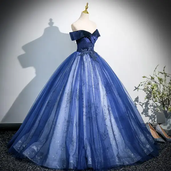 princess royal blue wedding dress Fully Crystal Beaded Bodice Corset Royal Blue Wedding Dresses Ball Gowns