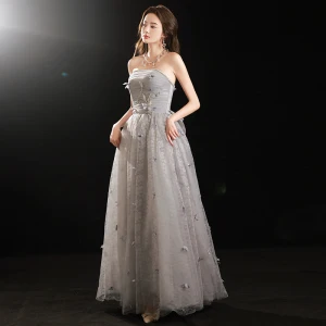 Charming Grey Evening Dresses 2022 A Line Princess Strapless Sleeveless Beading Pearl Backless Bow Floor Length Long Evening Party Formal Dresses