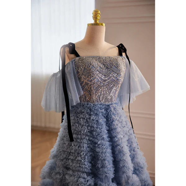 High End Meeresblau Fallende Rüsche Perlenstickerei Pailletten Ballkleider 2023 A Linie Spaghettiträger Kurze Ärmel Rückenfreies Sweep / Pinsel Zug Festliche Kleider