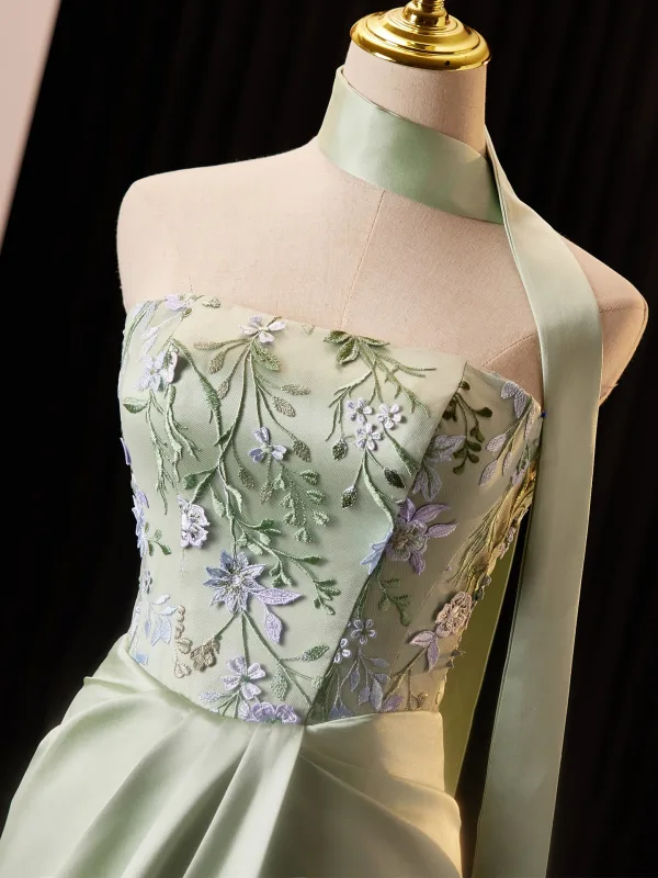 Elegant Sage Green Lace Flower Asymmetrical Satin Prom Dresses 2025 Trumpet / Mermaid Strapless Sleeveless Backless Formal Dresses