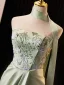 Elegant Sage Green Lace Flower Asymmetrical Satin Prom Dresses 2025 Trumpet / Mermaid Strapless Sleeveless Backless Formal Dresses